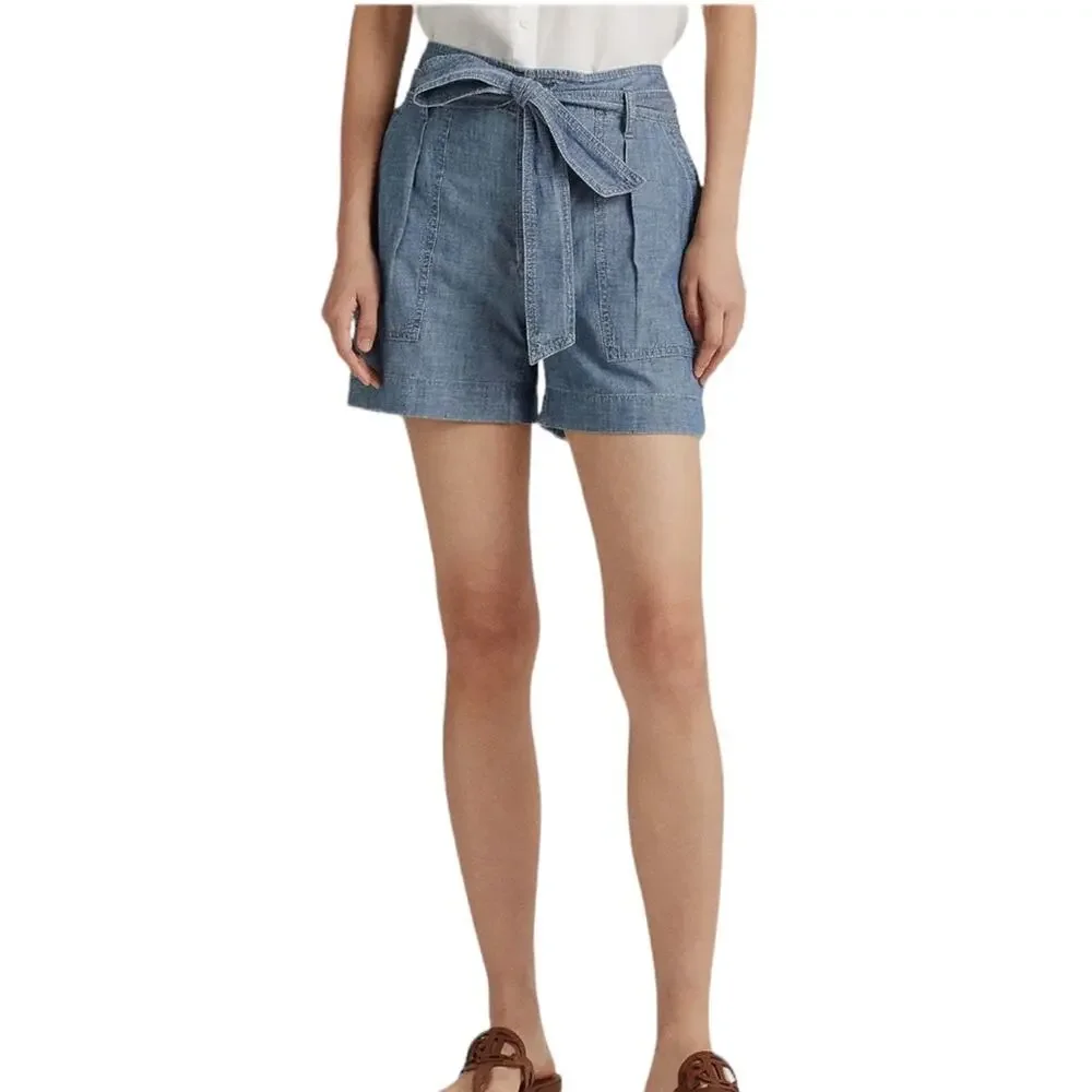 Lauren Ralph Lauren Belted Cotton Chambray Shorts 4.5" Inseam Classy NEW Size 14 - Picture 4 of 6